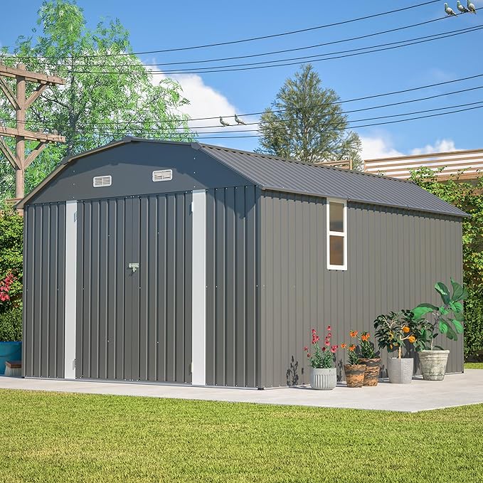 10×12 FT Outdoor Storage Shed,Heavy-Duty Metal Shed with Floor Base,All Weather Waterproof Tool Shed W/Diamond Roof & Windows,Lockable Double Door & 4 Air Vents,for Backyard,Patio,Lawn,Gray