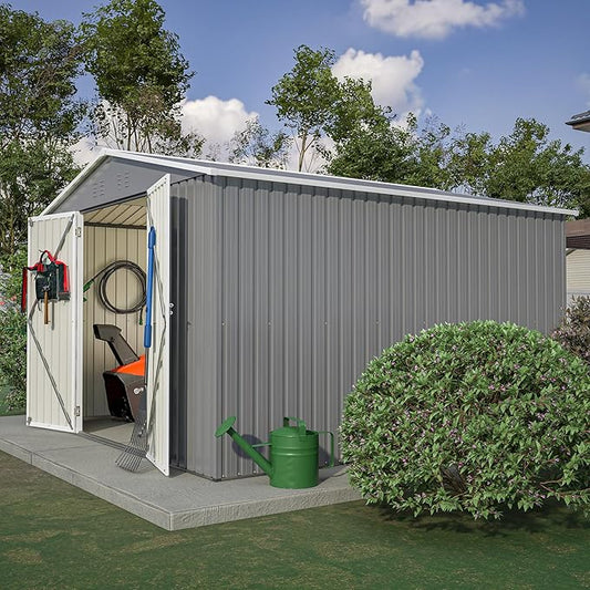 10X10 FT Outdoor Storage Shed,Metal Shed W/Lockable Doors,Air Vents & Sloped Roof,Garden Tool House W/Updated Frame Structure,for Backyard Patio Lawn,Gray