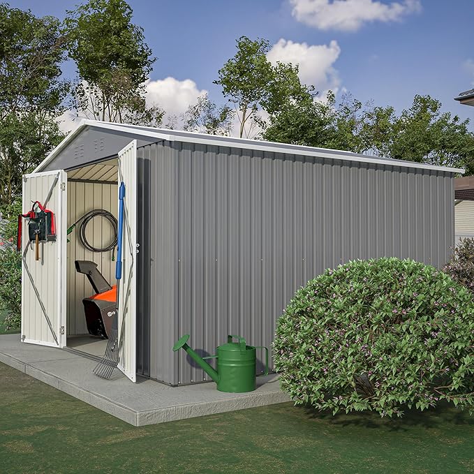 10x10 FT Outdoor Storage Shed, Large Metal Garden Shed with Lockable Hinged Doors, Outside Tool Shed with Sloped Roof & 4 Air Vents, Waterproof Storage Building for Backyard, Patio, Lawn, Gray