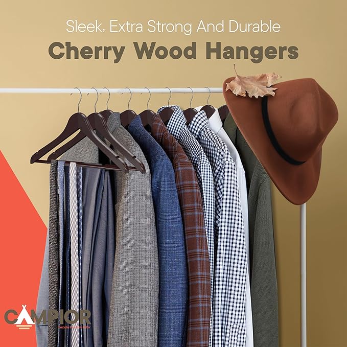 Cherry Wooden Hangers 30 Pack – Heavy-Duty with 360° Swivel Hook, Non-Slip, Pants Bar & Shoulder Grooves - Wooden Hangers for Suits, Jackets, Dresses & Camisoles, Space-Saving and Smooth Finish