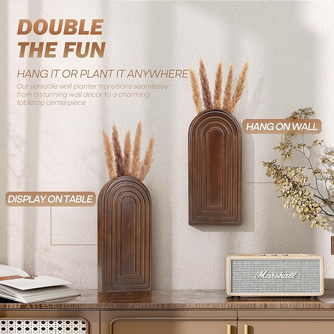 EOSAHR Pine Wood Set of 2 Wall Vases for Indoor Plants & Flowers – Farmhouse Wall Art for Living Room, Office and Home Decor – Hanging Planters with Boho Decor for Fake Plants (Brown)