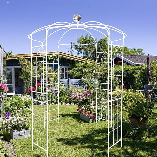 Metal Garden Trellis Arbor Arch Gazebo Birdcage Shape, Off White Pergola Pavilion fpr Climbing Plants Rack French Style Wedding Decoration Lawn