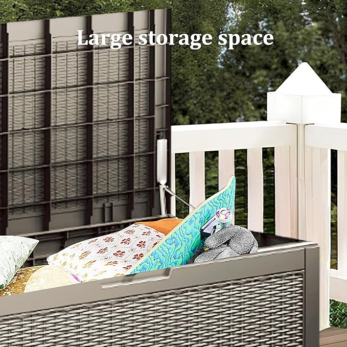100 Gallon Patio Storage Bench - Waterproof Outdoor Deck Box & Storage Cabinet, Lockable Resin Chest for Pool/Garden Accessories, UV-Resistant, Weathered Grey