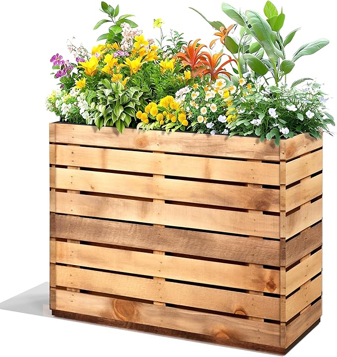 FENCY Metal Rectangular Planter Box, Large Planters for Outdoor Plants, Tall Planters for Outdoor Plants with Drainage Holes (30" L x 12" W x 24" H,Walnut Finish)