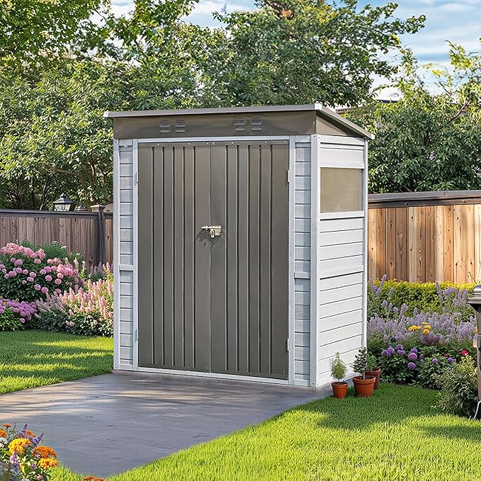 5x3 FT Outdoor Wood Storage Shed, Garden Tool Shed with Windows, Outside Storage Shed Waterproof for Backyard, Garden, Patio, 4 Vents (Without Floor) Gray