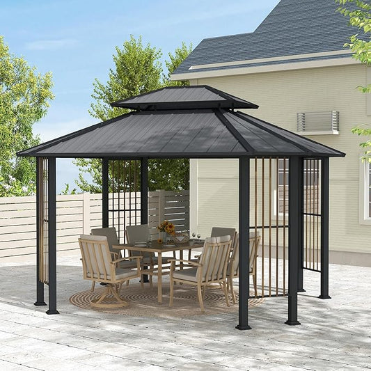 11' x 13' Octagon Hardtop Gazebo, Outdoor Octagonal Gazebo with Double Tiered Roof, Galvanized Steel Hardtop with Dual Rail & Ceiling Hook, Outdoor Canopy Shelter for Patio Garden Backyard