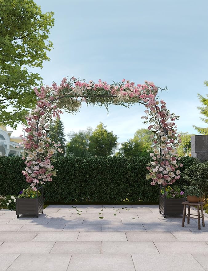94.5 Inch Garden Arch Trellis with 2 Planter Boxes for Climbing Plants, PE Coated Metal Wedding Arch Arbor with Planter Box for Outdoor Decor, Party Backdrop & Flower Support