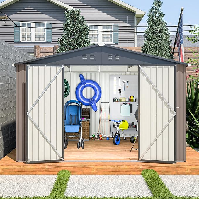 Favfurish Outdoor Storage Shed 10 x 10 FT,Heavy Duty Tool Sheds Metal Storage Garden Shed with Sloped Roof and Lockable Doors,Large Metal Storage Sheds for Backyard Patio Lawn, Brow