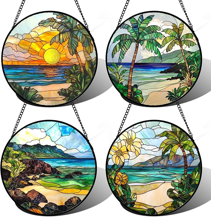 Stained Glass Window Hanging 4 Pcs Set Blue Ocean Coconut Tree Scenery 7.8" - Suncatcher Door Garden Sun Catcher Decor Birthday Christmas for Mom Woman Nana Men