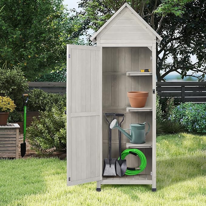 Wooden Outdoor Storage Cabinet with Waterproof Metal Roof Vertical Garden Tool Shed Adjustable Shelves, Perfect for Yards, Patios, Decks and Porches (Light Gray, 22" x 26" x 67")