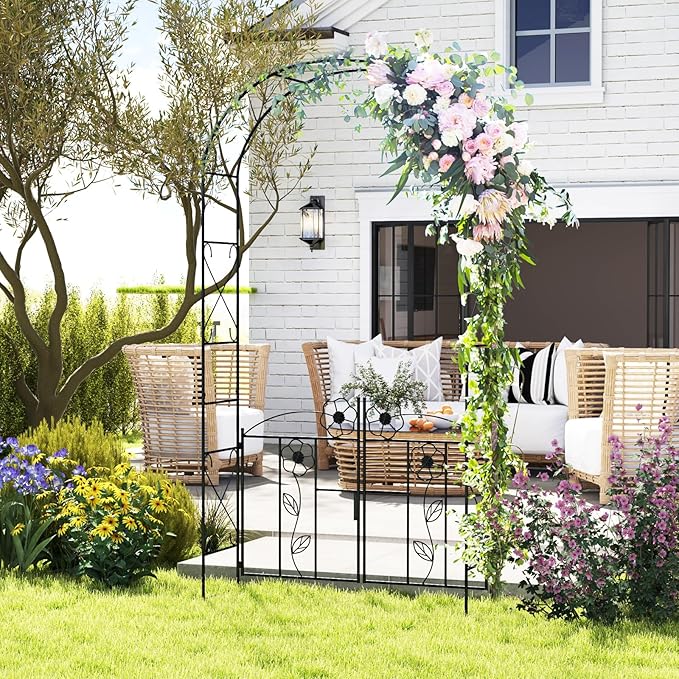 Giantex Garden Arbor with Gate, 7.5FT Metal Arch Trellis for Climbing Plants Rose Ivy, Archway Pergola with Flower Door, 4 Stakes, Garden Arch for Wedding Ceremony Bridal Party Decoration