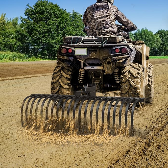 YITAMOTOR 60" Tow Behind Landscape Rake, 2" Receiver Lown Dethatcher Rack with 21 Steel Tines for ATV/UTV & 3-Point Hitch Systems Tractor, Features to 48" or 60" Toolbars for Leaves, Debris, Grass