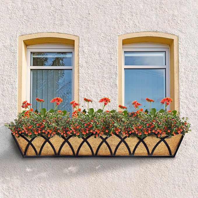 Y&M 30 Inch Fence Metal Hanging Flower Planter Window Basket Deck Railing Planter Boxes for Outdoor Garden Lawn, Window Deck with Coco Liner,6pcs
