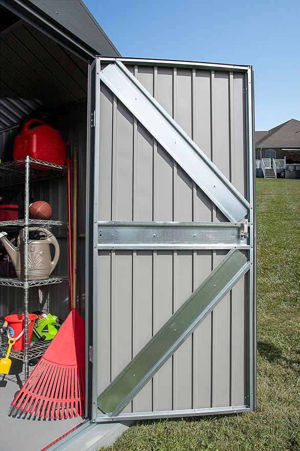 Arrow Shed Elite 14' x 16' Tall Outdoor Steel Storage Shed with High Gable and Lockable Doors Storage Building, Anthracite