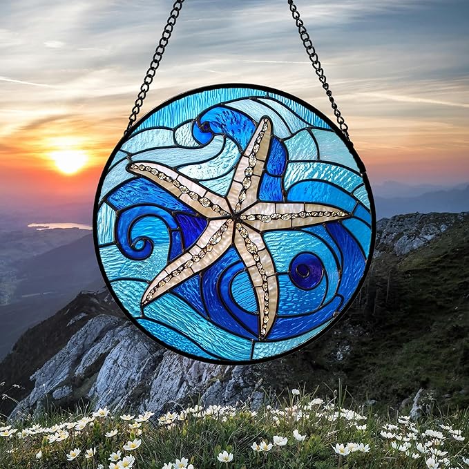 Stained Glass Window Hanging 4 Pcs Set Blue Ocean Waves Large 11.8" - Starfish Crab Seal Suncatcher Door Garden Sun Catcher Decor Birthday for Mom Woman Nana Men Friend