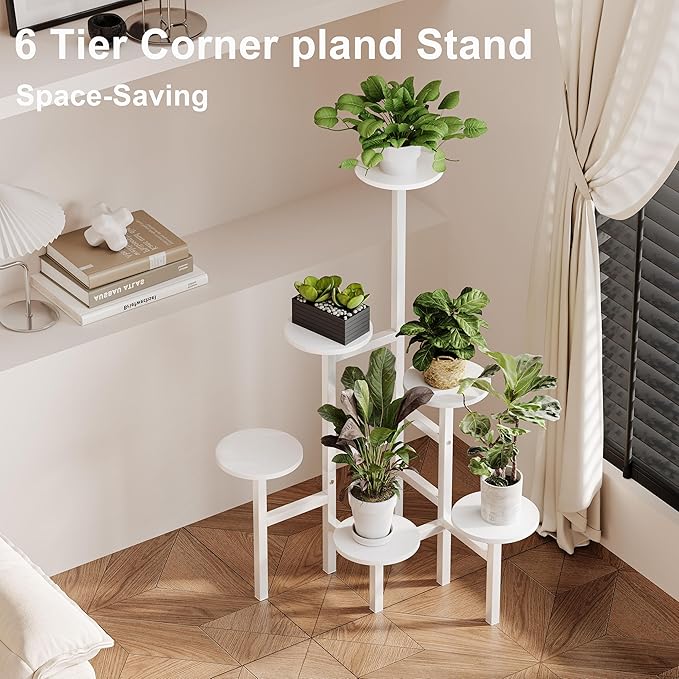 6 Tier Corner Plant Stand Indoor Outdoor, Tall Large Plant Shelf for Multiple Plants, Tiered Flower Pot Holder, Metal Display Plant Shelves for Living Room, Balcony, Patio, Garden(White)GPS514W