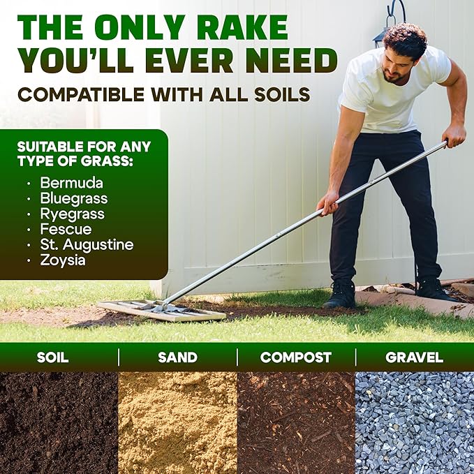 Oris Garden® Lawn Leveling Rake 30 inch - Ground Leveler for Yard, Sand, Soil, Grass - Dirt Leveling Tool, Heavy Duty Stainless Steel rakes for Golf, Grading, Gravel (30" Leveling + Thatch Rake)