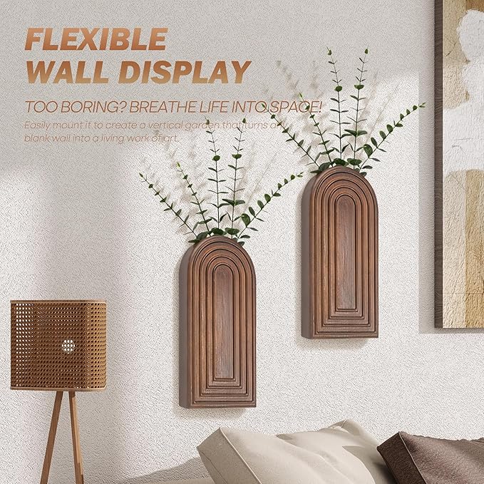 EOSAHR Pine Wood Set of 2 Wall Vases for Indoor Plants & Flowers – Farmhouse Wall Art for Living Room, Office and Home Decor – Hanging Planters with Boho Decor for Fake Plants (Brown)