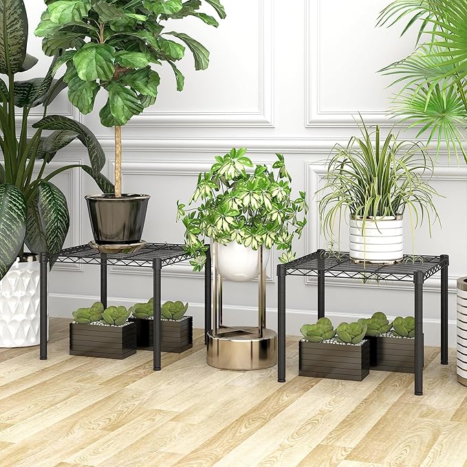 Xiofio 2 Pack Metal Plant Stand for Indoor and Outdoor Plant Shelf, Multi-Functional Adjustable Shelf Plant Stands Flower Stands With hanger rod for Living Room Balcony and Garden,Black