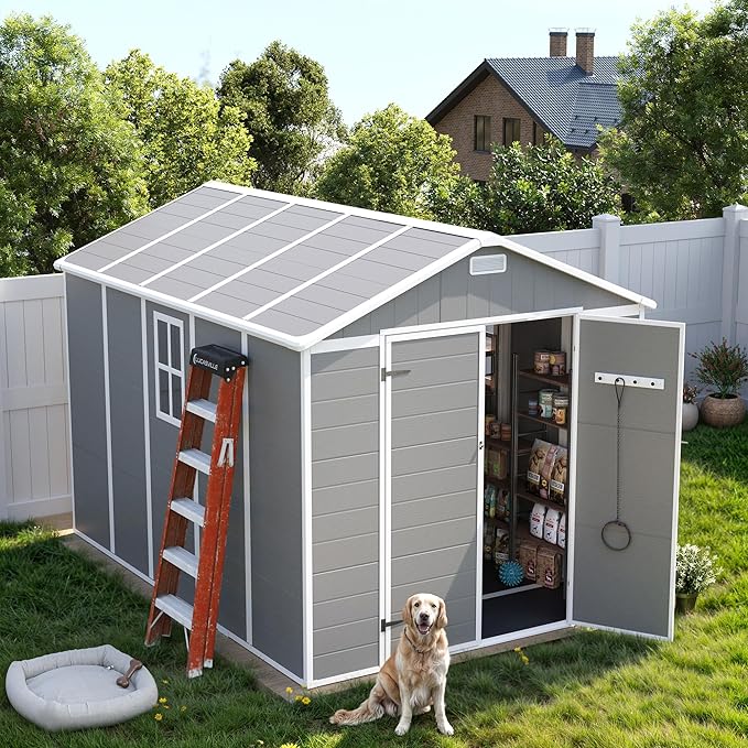 UDPATIO Storage Shed 8 x 10 FT, Resin Sheds & Plastic Outdoor Storage with Floor Large Clearance Outdoors Garden Tool Shed Tuff Outside Patio Shed with Lockable Door for Bike, Garbage Gray White
