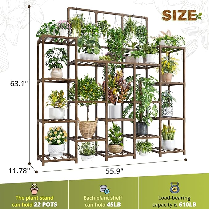 EnHomee Plant Stand Indoor Tall Plant Stand Outdoor Large Wood Plant Shelf Indoor for 22 Pots Plants,4-tiers Plant Holder for Patio Living Room Gardening Balcony, 55.9" Wx63.1 Hx11.78 D