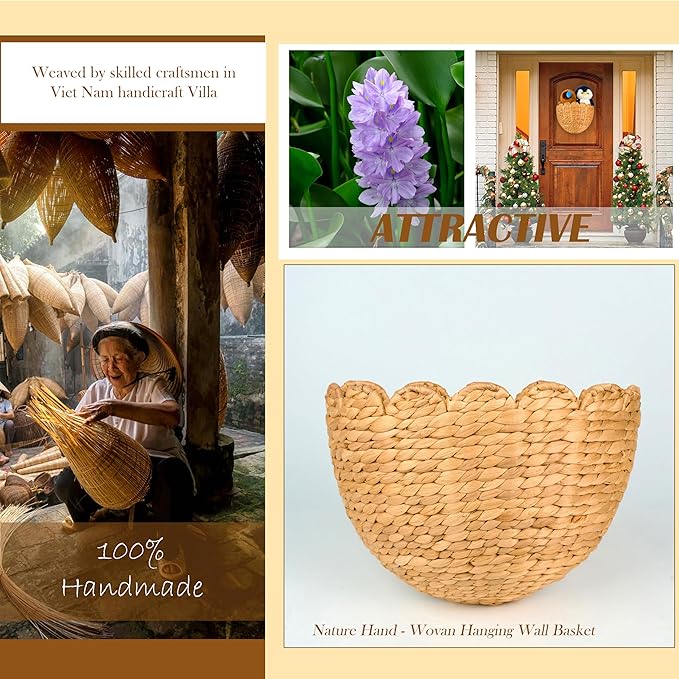 Scalloped Wicker Wall Basket 14"L x 11"W x 7"H, Handwoven Hanging Wall Organizer for Boho Home Décor, Natural Rattan Storage Basket for Living Room, Entryway, Kitchen