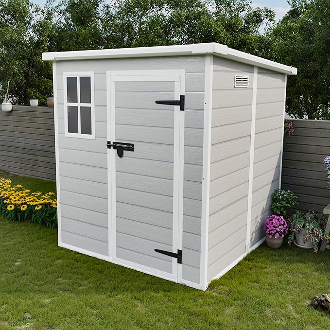 Resin Storage Shed 6x6ft, Outdoor Storage Sheds with Floor, Window, Lockable Doors and Vents, Tool Shed for Bike, Garden, Backyard,Lawn, All Weather Use (Grey, 6 * 6ft)