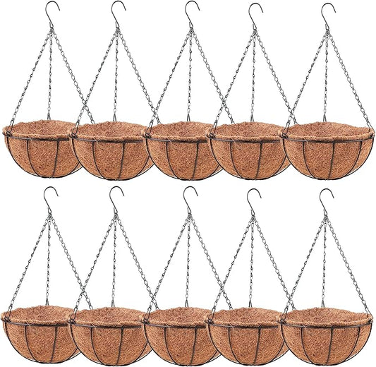 LaLaGreen Hanging Planters with Coco Liners (10 Pack, 12 Inch) Hanging Baskets for Plant Outdoor Hanging Plant Pot Flower Metal Wire Round Holder Hanger Hook Chain Deck Porch Garden Balcony Boho Decor