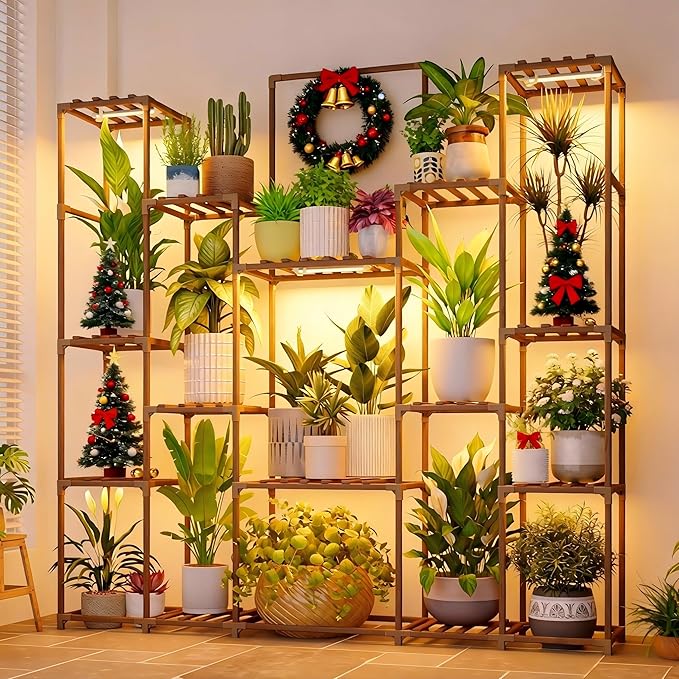 Bamworld Plant Stand with Grow Lights Large Plant Shelf Indoor Hanging Plants 17 tiers Large Plant Shelf for Indoor Plants Display Heavy Duty Plant Rack for Living Room Patio Decor