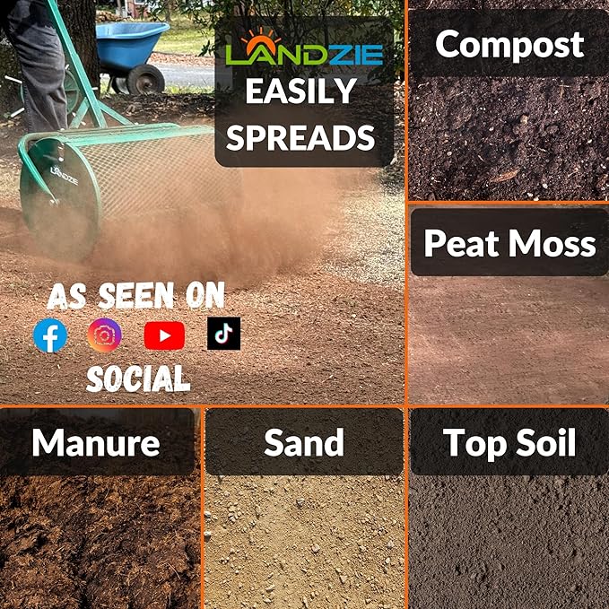 LANDZIE - The Original 24 Inch Compost and Peat Moss Spreader Roller - Top Soil, Sand, Manure, Mulch, Top Dressing Lawn and Garden Spreader
