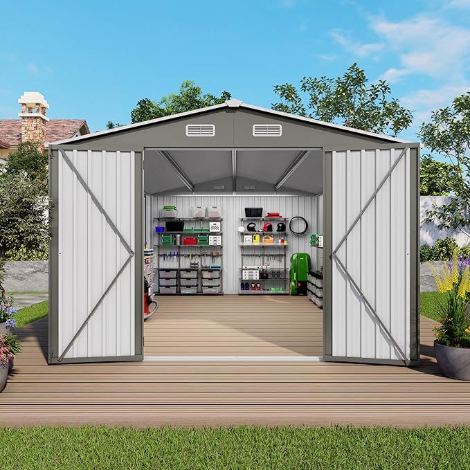 10x14 FT Outdoor Storage Shed,Metal Shed W/ 3 Lockable Doors & Window,Garden Tool House W/ 4 Air Vents & Sloped Roof,All Weather Waterproof for Backyard,Patio,Lawn,Grey