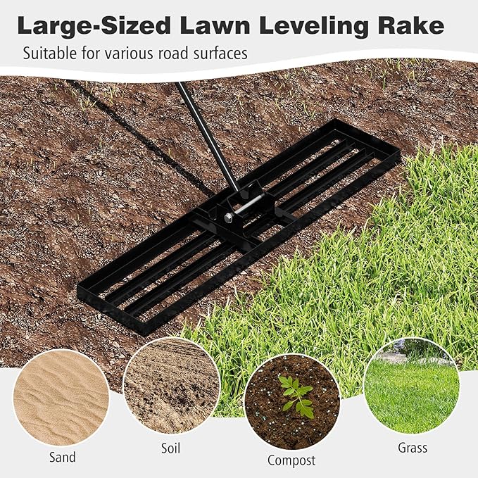 42" x 10" Lawn Leveling Rake, Heavy Duty Landscape Rake with 67" Handle, Non-Slip Grip & Flat Head, Space-Saving Lawn Level Tool for Garden, Backyard, Golf Course & Sports Field(Black)