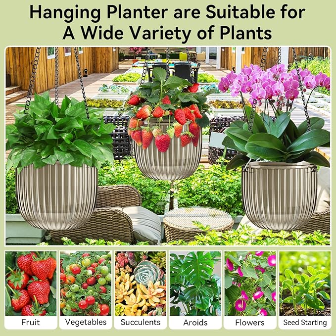 ZeeDix 3 Pack Self Watering Hanging Planters, 6.5 Inch Indoor Plant Pots with 3 Hooks Visible Water Level and Drainage for Home, Wall, Window Decor Outdoor Use(Starry Gray)