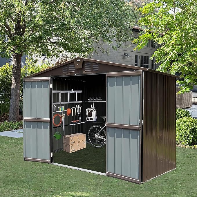 10x8ft Outdoor Storage Shed, Galvanized Steel Garden Shed with Gable Roof, Lockable Double Doors and 32 Vents, Large Bike and Tool Storage for Backyard Lawn