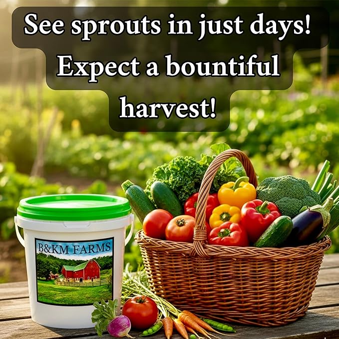 B&KM Farms 25,000+ Survival Seed Kit 5+ Year Supply. 40 Fruit & Vegetable Non-GMO Heirloom Seeds for Planting a Home Garden. Secure Emergency Weather-Proof Bucket