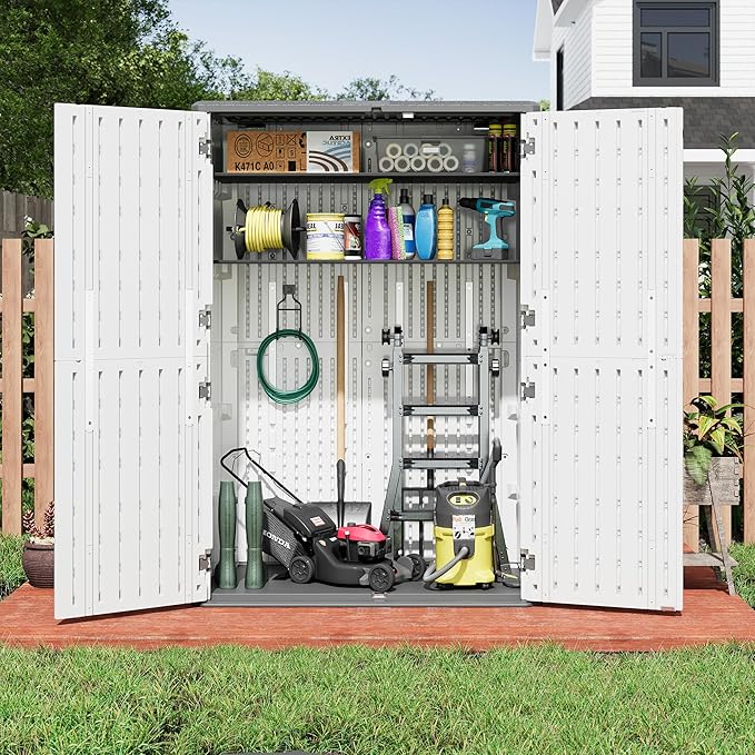 KAMABOKO Outdoor Storage Cabinet 61 Cu.Ft Outdoor Trash Can Storage Shed Waterproof Horizontal Storage Shed Outdoor Storage for Backyard, Patio, Poolside (White)