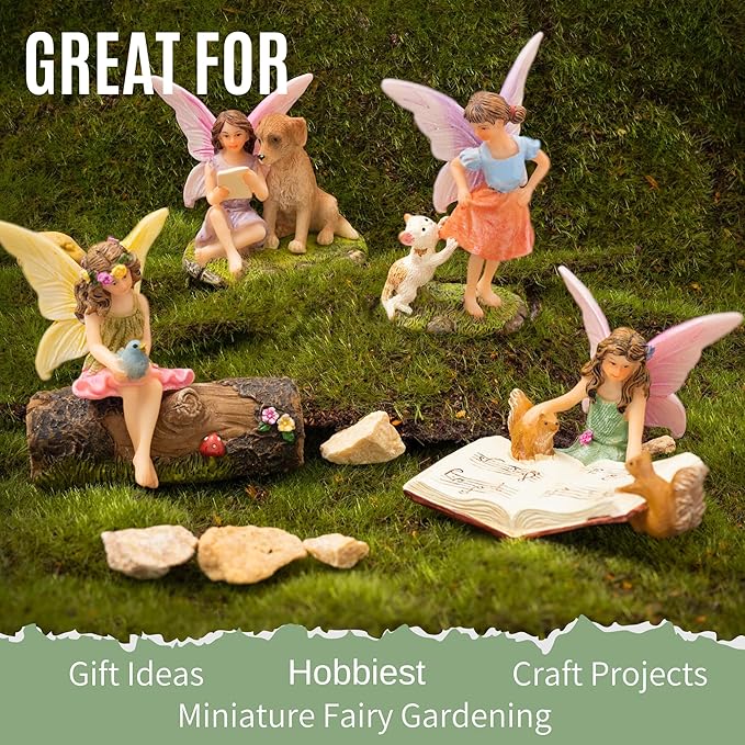 PRETMANNS Fairies for Fairy Garden, with Adorable Miniature Animals – a Cute Accessories Fairy Kit for Outdoor – 5 Piece Figurine Collection