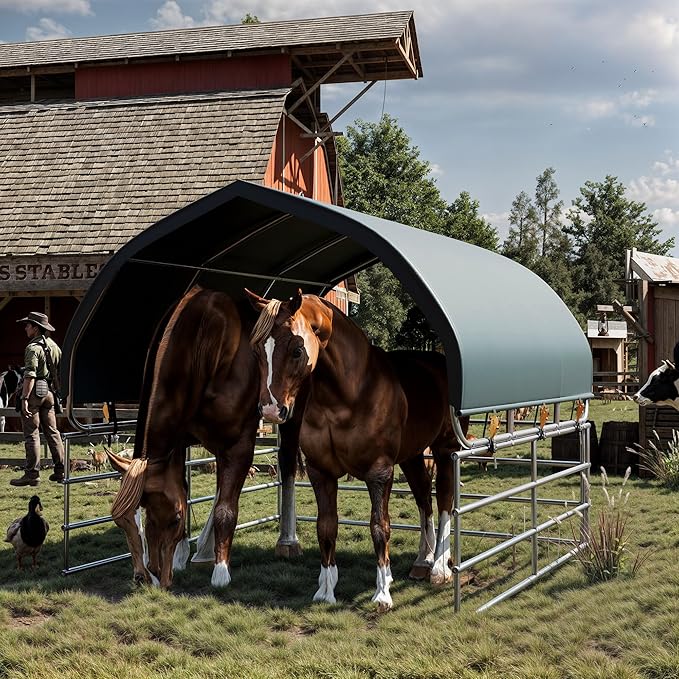 YOLENY 10'x10' Green Corral Shelter, Heavy Duty Round Style Canopy, Waterproof and UV Treated Universal Cover, Easy Assembly Stable and Agricultural Storage and Shade Shed Kit for Livestock