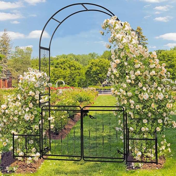 Garden Arbor with Gate and Planter, 7FT Wedding Arches for Ceremony, Metal Arbor Trellis for Climbing Plants Outdoor, Black Garden Archway for Lawn, Patio and Backyard, Includes Ground Stakes