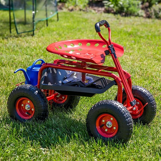 Sunnydaze Garden Seat with Wheels - Rolling Gardening Seat - Garden Stool on Wheels with Adjustable Handle and Utility Tray - Red