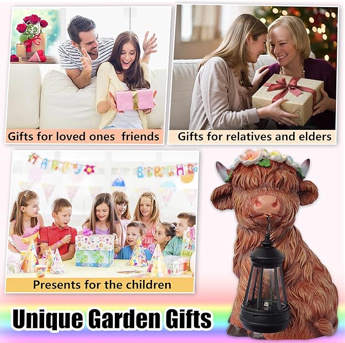 Garden Highland Cow Statue Solar Outdoor Decor with Flower Decoration，Funny Triple Highland Cow Decor Birthday Gifts for Women Mom，Highland Cows Figurine for Yard Garden Patio Lawn Ornaments