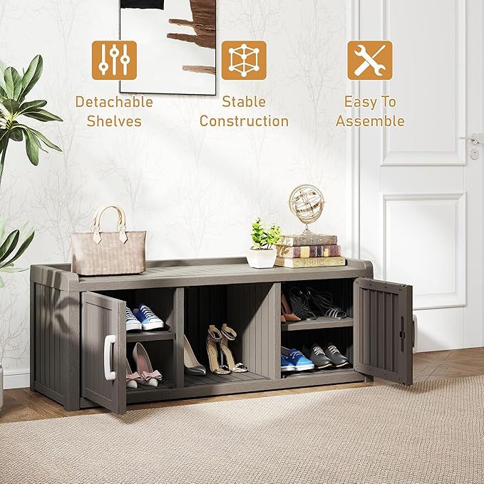 KAMABOKO Shoe Storage Cabinet Waterproof UV-Resistant, Entryway Storage Bench Indoor Outdoor with 2 Doors, Adjustable Shelves for Entryway, Bedroom, Hallway,Living Room(Grey)