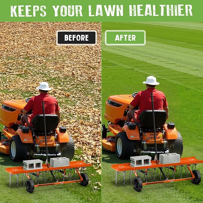 48" Tow-Behind Dethatcher with 24 Spring Steel Tines, Pull Behind Lawn Tractor Mower Grass Rake for Yard, Garden, and Farm Care – Removes Thatch, Leaves, and Pine Needles-Orange
