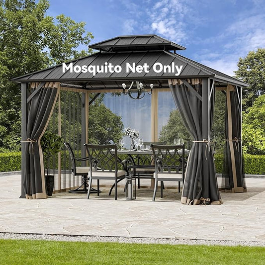 Gazebo Mosquito Netting Replacement Universal 4-Panel Sidewalls 10' x 12', Outdoor Gazebo Mosquito Nettings with Double Zipper, Replacement for Patio Canopy, Garden (Mosquito Net Only)