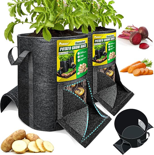 [Upgraded] 2PCS 20-Gallon Potato Grow Bags with Unique Harvest Window, Visible Window, Garden Planting Bag with Reinforced Handle, Nonwoven Fabric Pots for Tomato, Potato Growing Container - Black