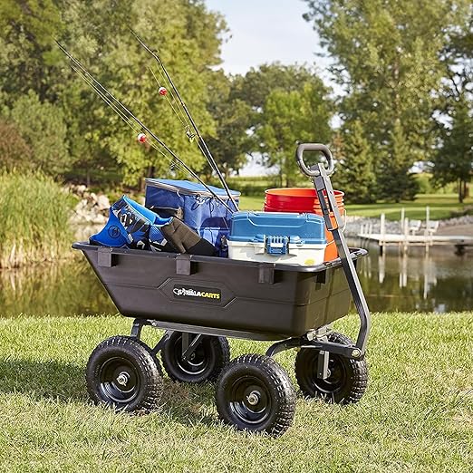 Gorilla Carts Heavy-Duty Poly Yard Dump Cart, 6 Cu Ft Tub, 1200 lb Haul Capacity, Black – Towable Utility Wagon with Quick-Release Dumping & Pneumatic Tires for Landscaping and Gardening