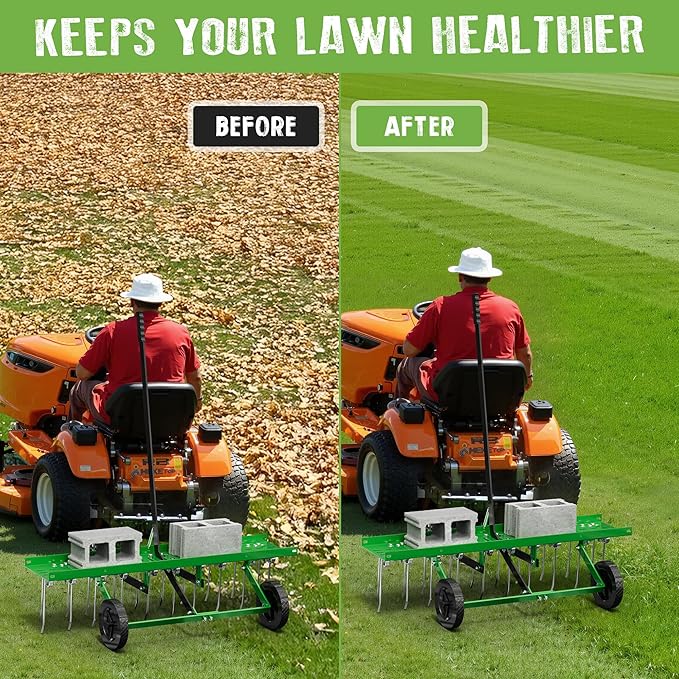 40" Tow-Behind Dethatcher with 20 Spring Steel Tines, Pull Behind Lawn Tractor Mower Grass Rake for Yard, Garden, and Farm Care – Removes Thatch, Leaves, and Pine Needles-Green