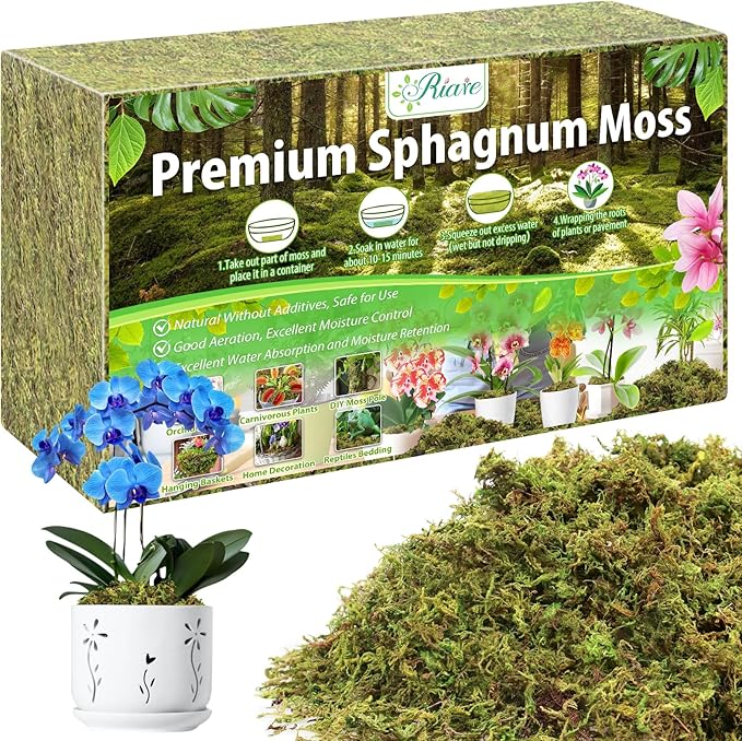 Riare 1.3LBS Premium Sphagnum Moss for Plants- 25QT Natural Dried Plant Moss for Potted Plants, Orchid Moss for Repotting, Soft Green Decorative Moss for Succulents, Reptiles & DIY Crafts