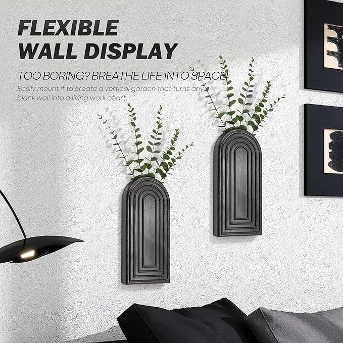 EOSAHR Pine Wood Wall Vases Set of 2 – Modern Wall Decor & Hanging Planters for Indoor Plants – Boho Home Decor Accent with Rustic Charm for Living Room, Kitchen & Bedroom (Black)