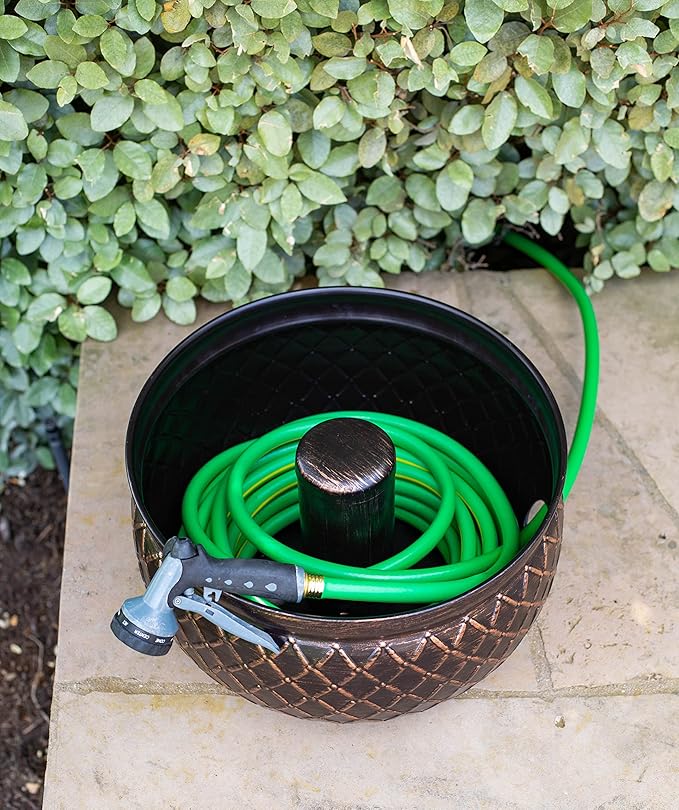 BIRDROCK HOME Water Hose Holder - Decorative Metal Pot, Indoor or Outdoor, Garden Storage Organizer, Patio Portable Bucket - Embossed Steel w/Copper Accents, Holds up to 100ft Hoses, Medium No Lid